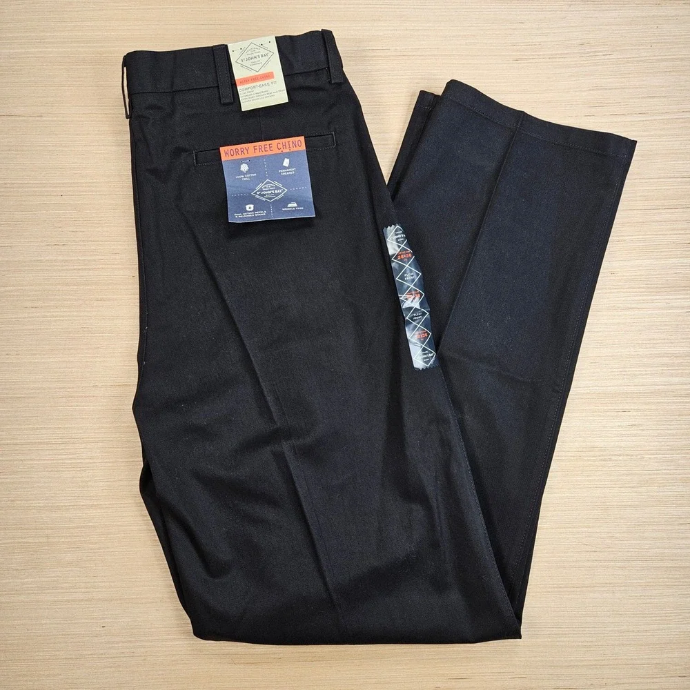 St. John's Bay Worry Free Chino Mens 38x36‎ Black Pleated Comfort Ease Fit NEW